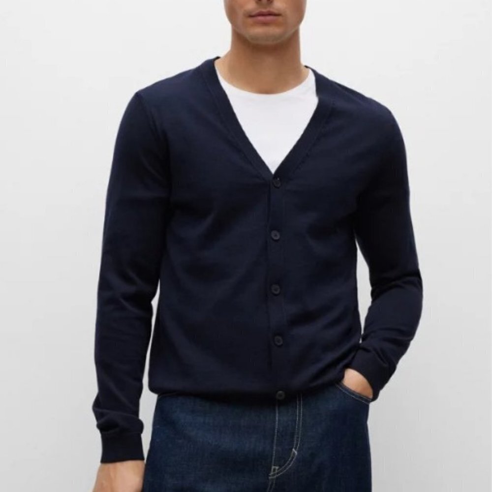 Hugo Boss Men's Virgin 100% Wool Slim Fit Button-Up Cardigan -L